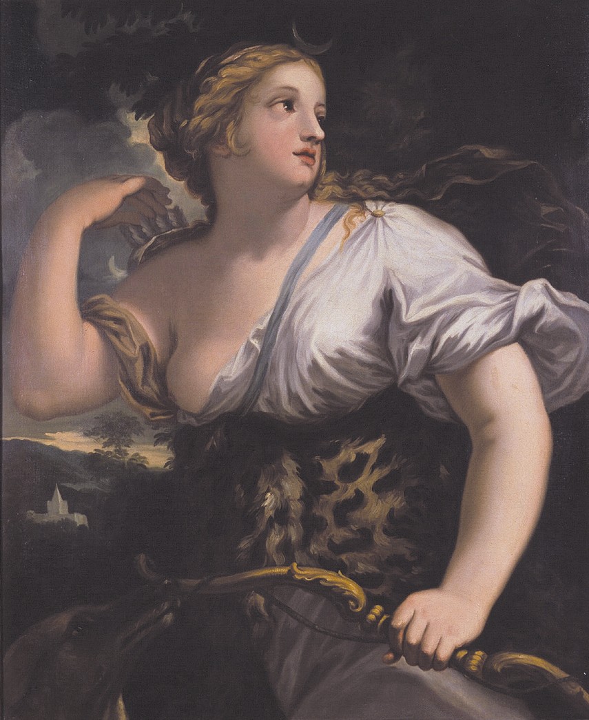 woman, oil painting, Diana, huntress, elaborate bow, draw arrow from quiver, dog Bellucci,